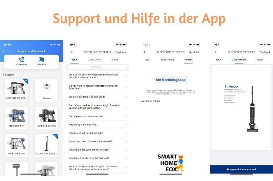 Hilfe und Support Center der Tineco App